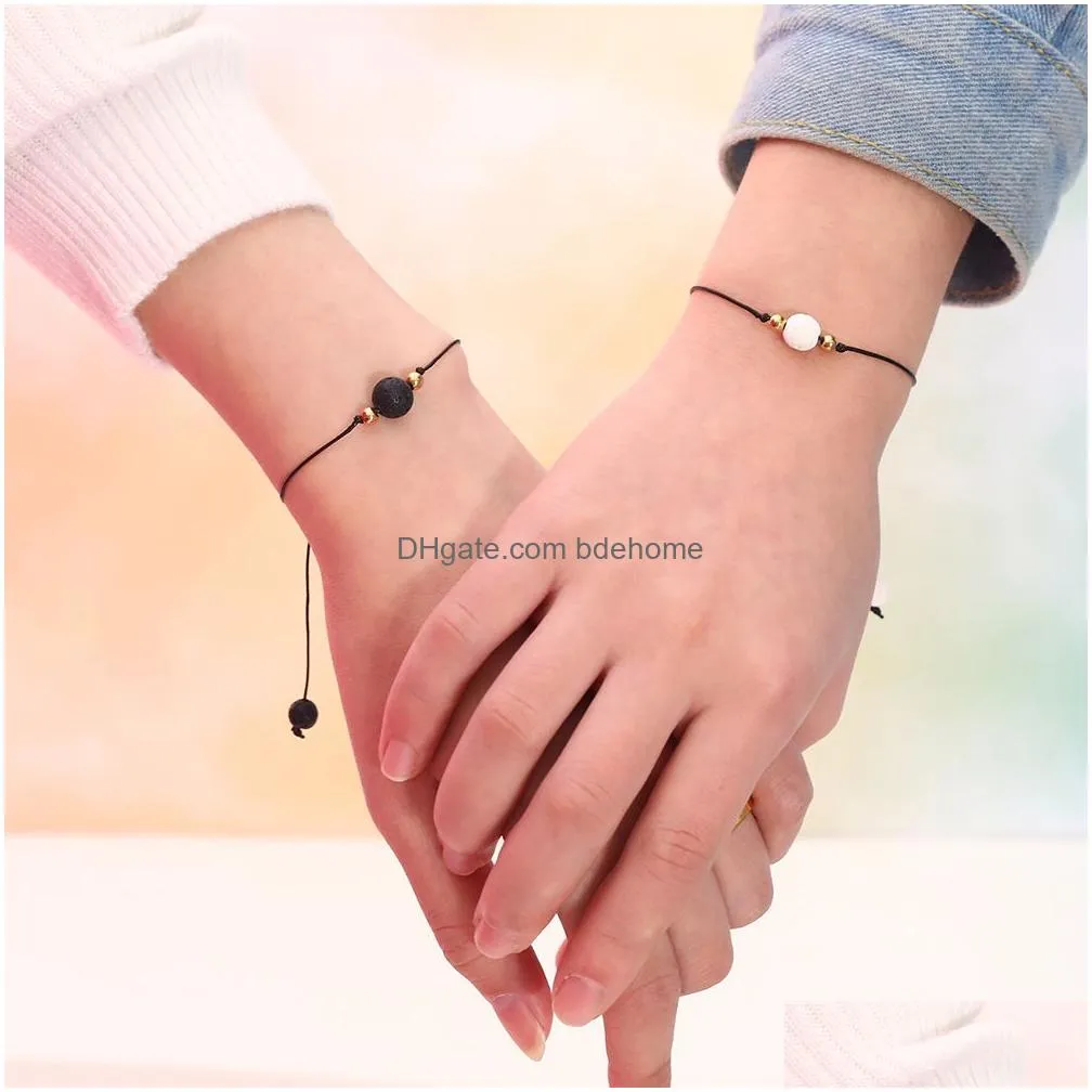 handmade black white beads charm couple bracelets set for women men friendship black rope string chains bangle fashion jewelry with