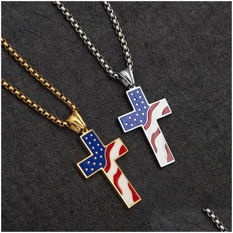 stainless steel american flag cross necklace for men women punk usa flag geometric pendant mens womens necklaces jewelry