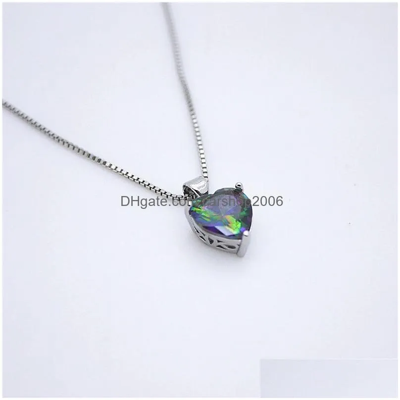 luxury 925 sterling silver heart shaped pendant rainbow cubic zirconia cz gemstone charm box chains for women fashion jewelry