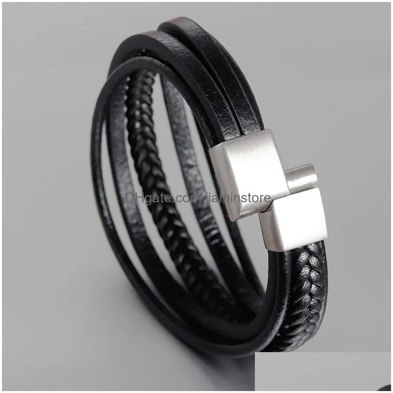 2019 classic genuine leather bracelet for men multilayer black brown woven rope wristband stainless steel clasp boys cool jewelry bulk