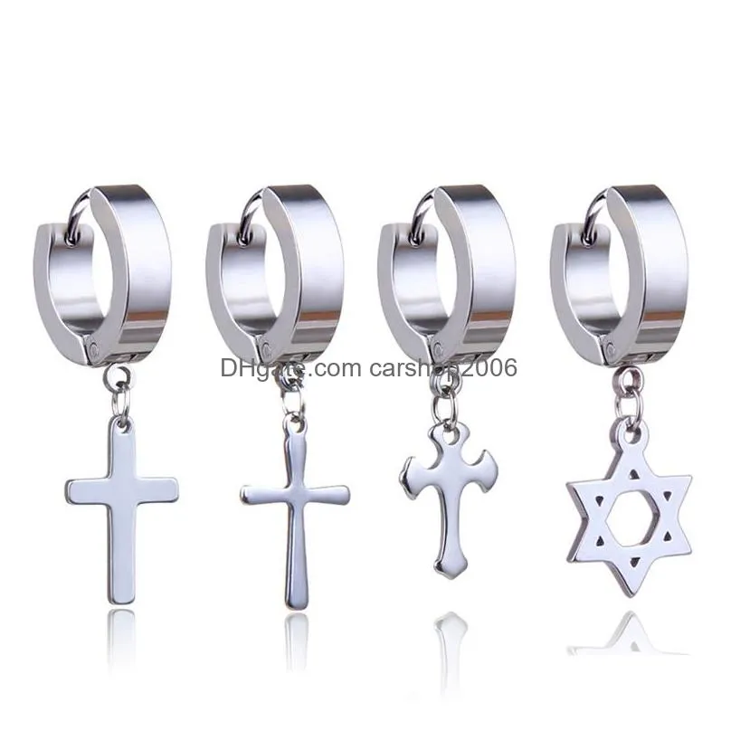 stainless steel cross star dangle fake piercing earrings men hypoallergenic non-piercing clip on hoop earrings for women punk jewelry