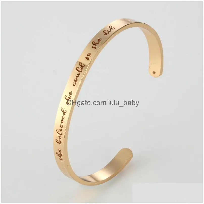 stainless steel inspirational cuff bangle she believed she could so she did simple lettering word bracelets for women men fashion