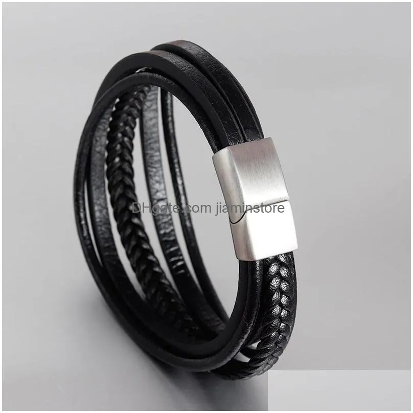 2019 classic genuine leather bracelet for men multilayer black brown woven rope wristband stainless steel clasp boys cool jewelry bulk