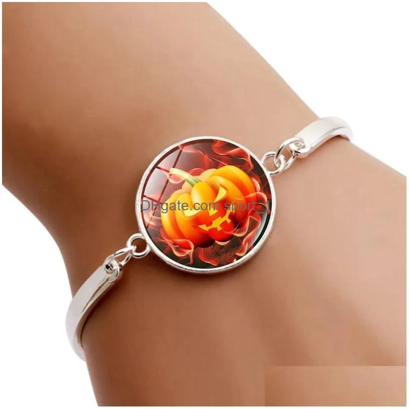 happy halloween gift trick or treat pumpkin bracelet for women men glass cabochon bat charm bangle fashion jewelry