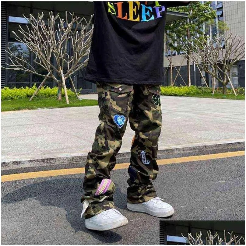 emo mens fashion streetwear casual baggy camouflage jeans embroidered hip hop american alt straight cargo pants clothes g220507