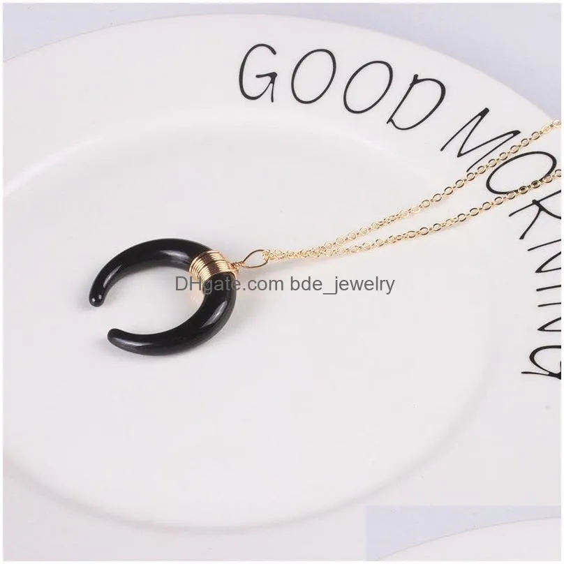  faux ivory bone double horn moon necklaces for women crescent shape pendant gold chain choker fashion jewelry gift