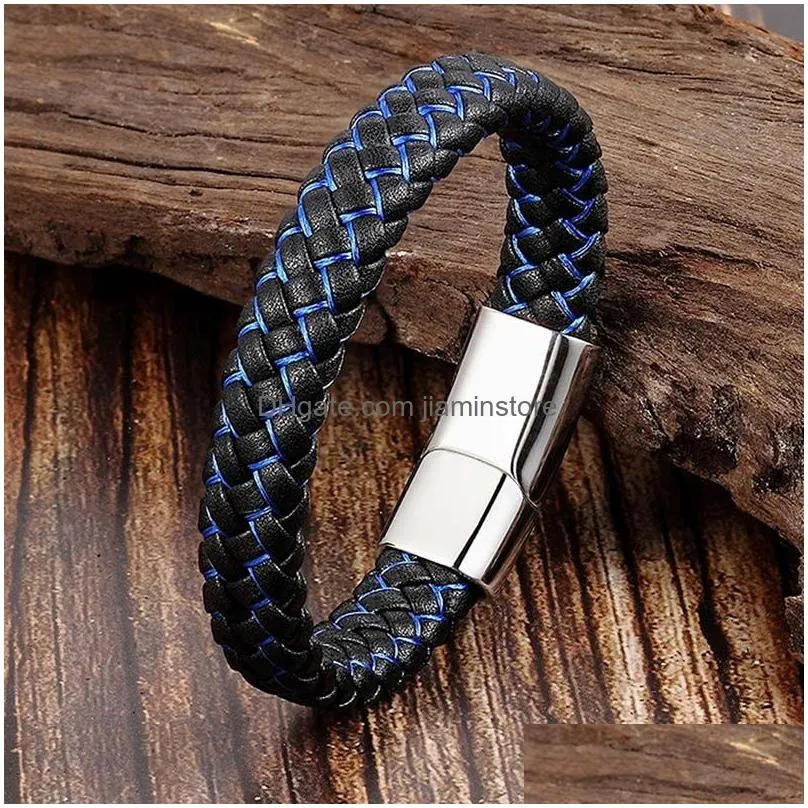 mens trendy genuine leather charm bracelets multilayer blue black braided rope handmade stainless steel buckle wrap bangle diy jewelry