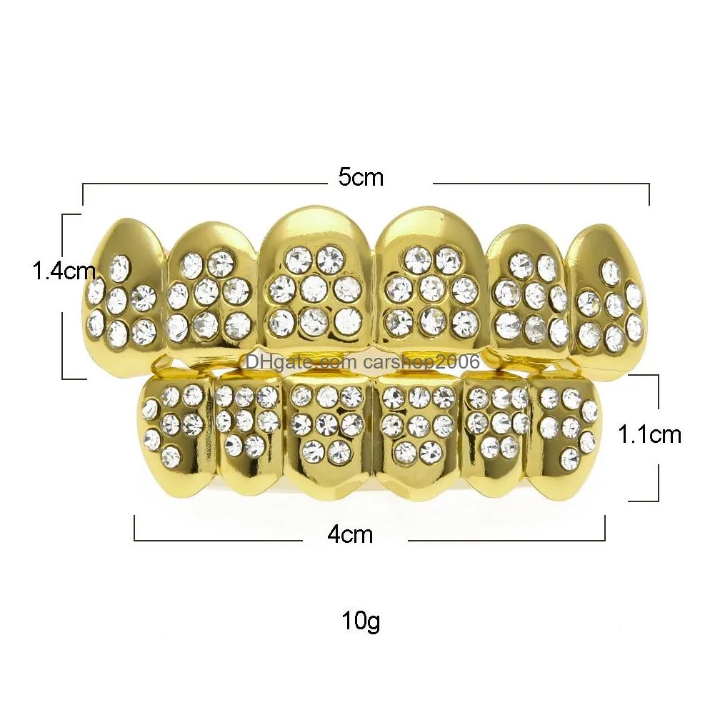 hip hop gold silver 8 diamond teeth grillz set bling iced out false dental grills for women men s hiphop body jewelry accessories