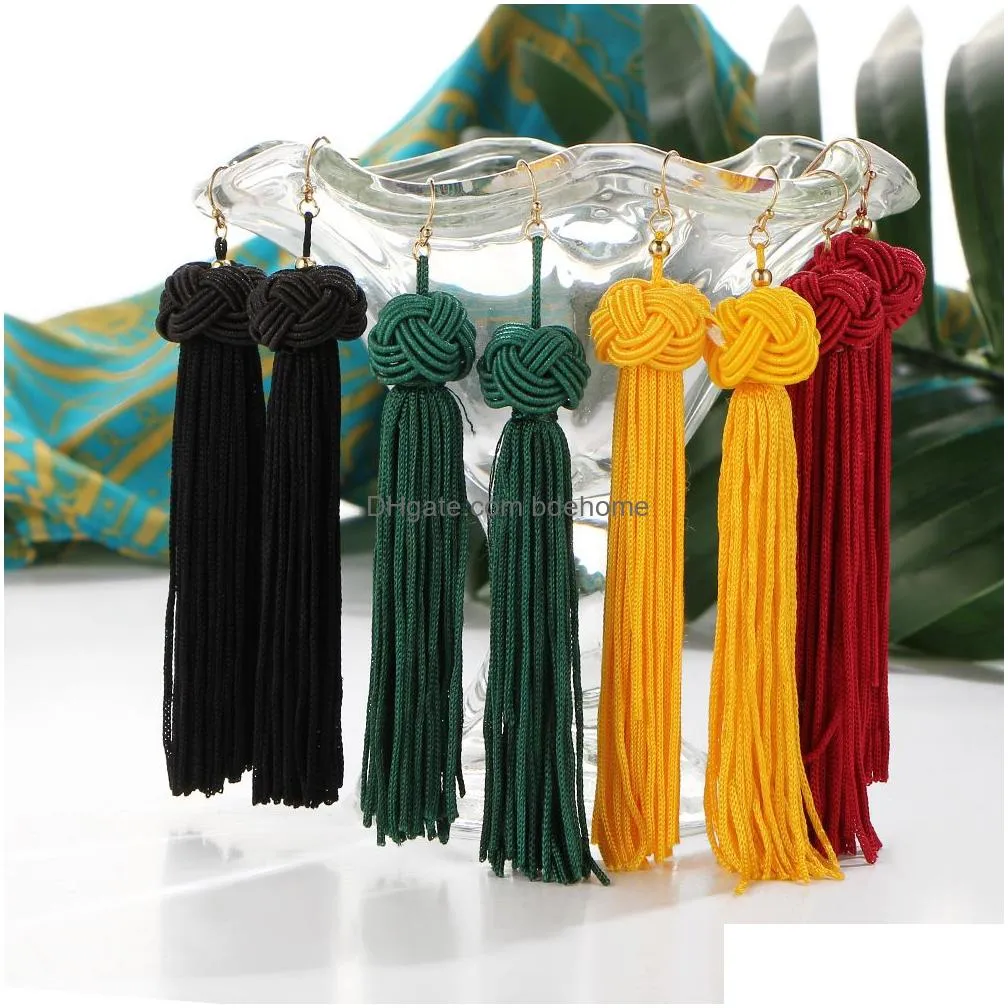 bohemia ethnic tassel drop earrings for women 2019 trendy black red yellow green long silk fringed dangles statement gold ear hook