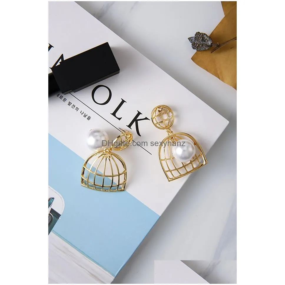2017 arrival pearl cage dangle earrings for women fashion pearl birdcages pendant lady chandelier earring luxury jewelry 