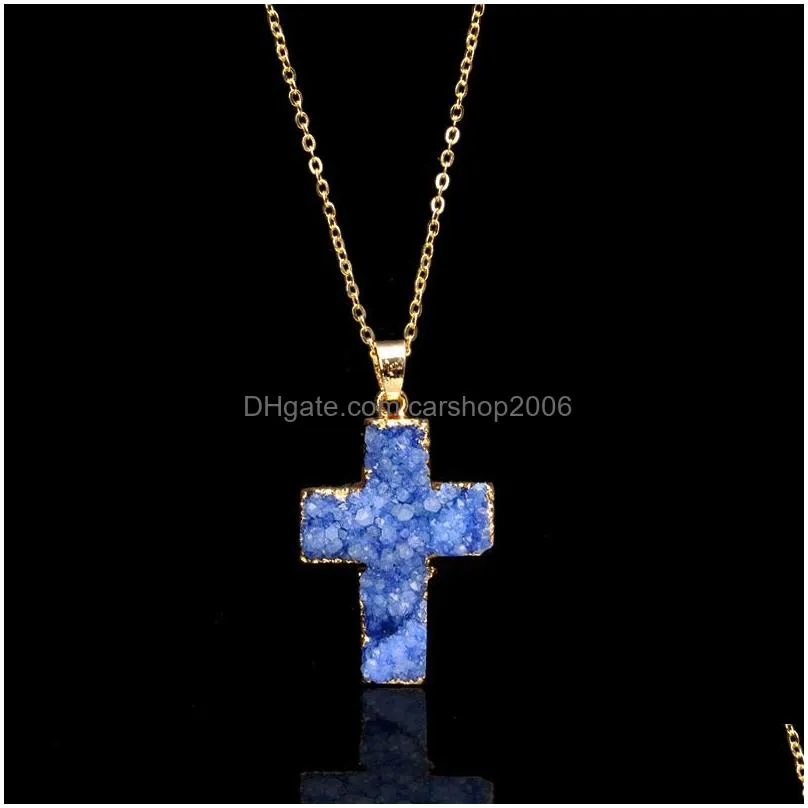  natural stone cross pendant necklace crystal healing point chakra gemstone druzy crucifix charm chain for women fashion jewelry