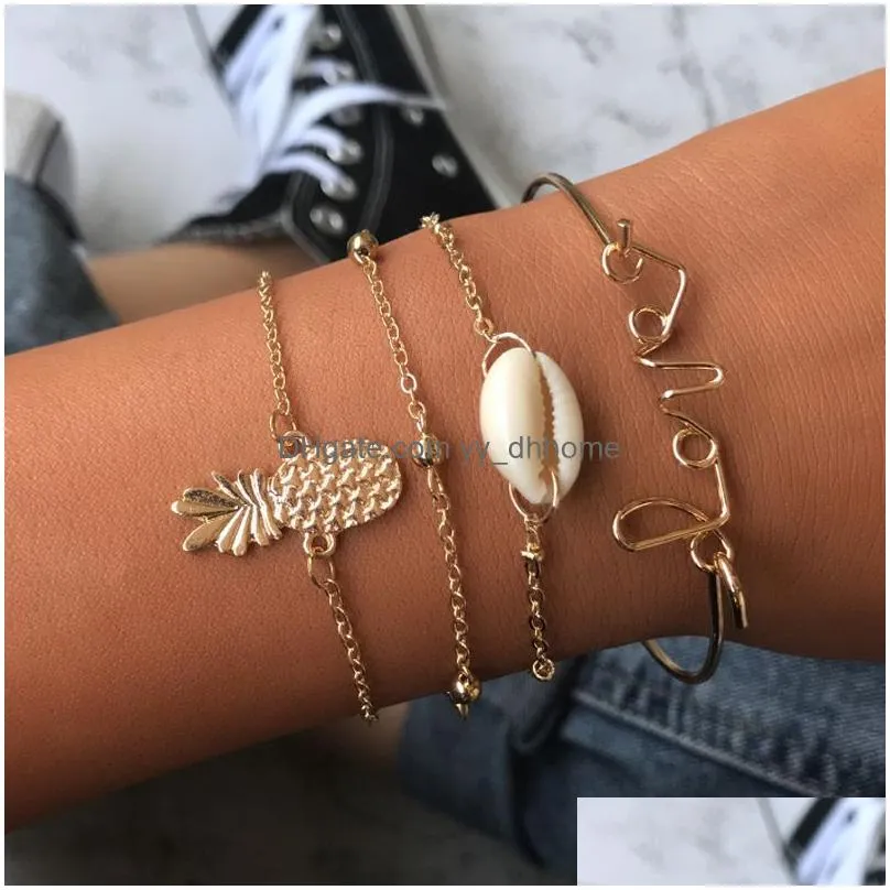 bohemian sea shell bracelets set for women pineapple pearl starfish charm string rope chains female boho hawaiian beach jewelry gift