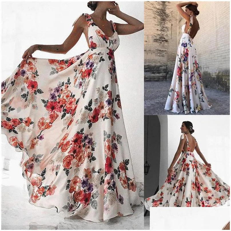 floral print dresses women summer sleeveless v-neck backless vintage long boho party cocktail casual loose beach pink dress 2019