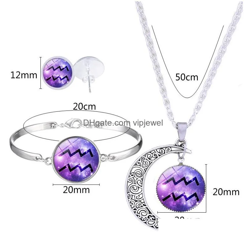 fashion 12 zodiac sign pendant moon necklace stud earrings bracelets set for women glass cabochons horoscope constellation jewelry