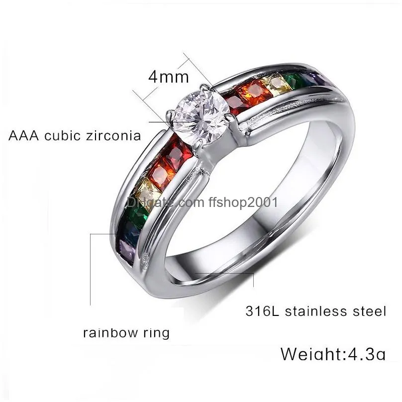 316l stainless steel les rainbow rings women cubic zirconia cz diamond gemstone titanium steel ring for ladies fashion wedding jewelry