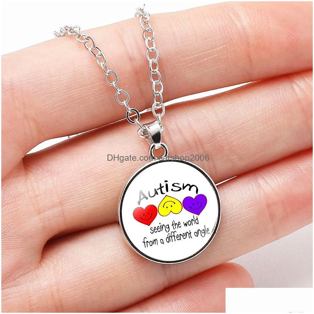  kids autism awareness necklaces for children boys girls glass cabochon puzzle pendant necklace fashion inspirational caring