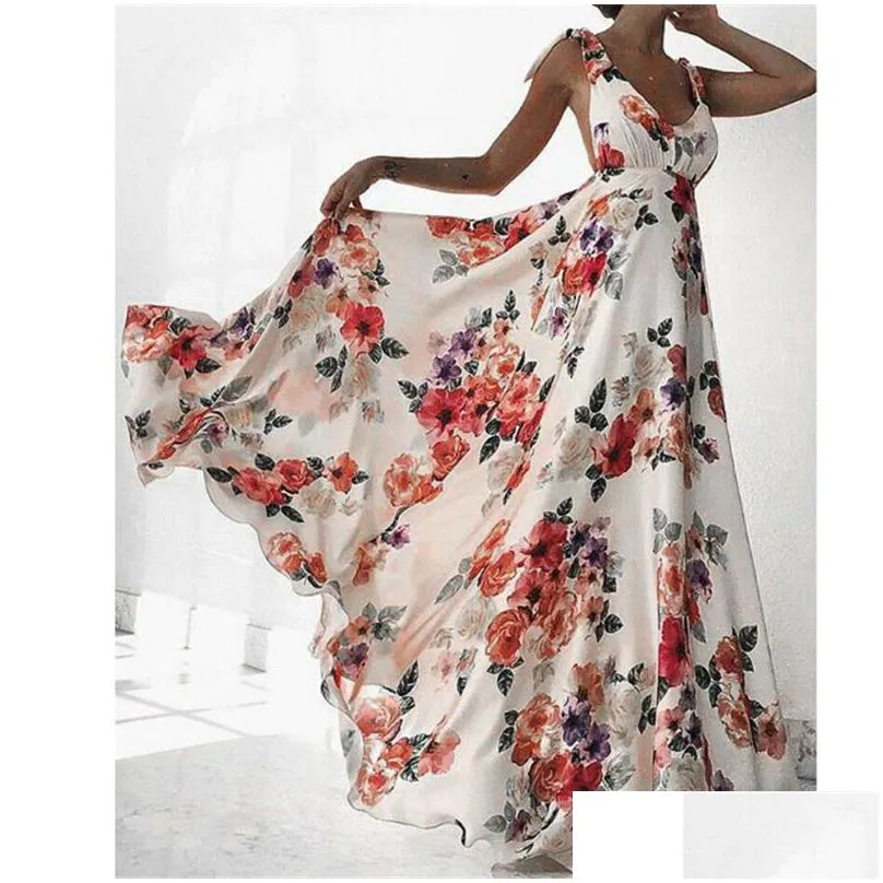 floral print dresses women summer sleeveless v-neck backless vintage long boho party cocktail casual loose beach pink dress 2019