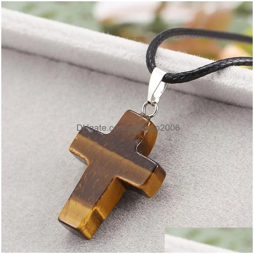 fashion christian cross necklace for women healing crystal quartz chakra natural stone crucifix pendant leather string rope chains