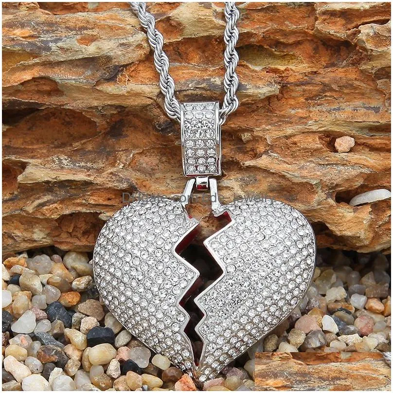 iced out broken love heart pendant necklace bling crystal rhinestone charm gold silver tennis chains for women men hip hop jewelry