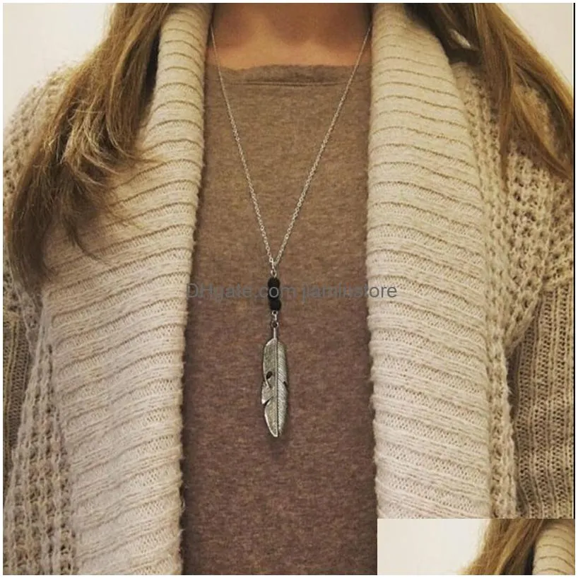 2018 lava rock bead necklace feather leaves aromatherapy  oil diffuser stone pendant gold silver chain for women jewelry gift