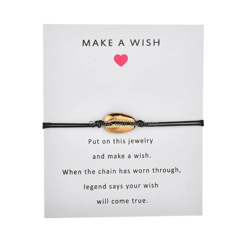  gold cowrie shell charm wrap bracelet with make a wish gift card for women delicate rope chain simple bohemian beach jewelry