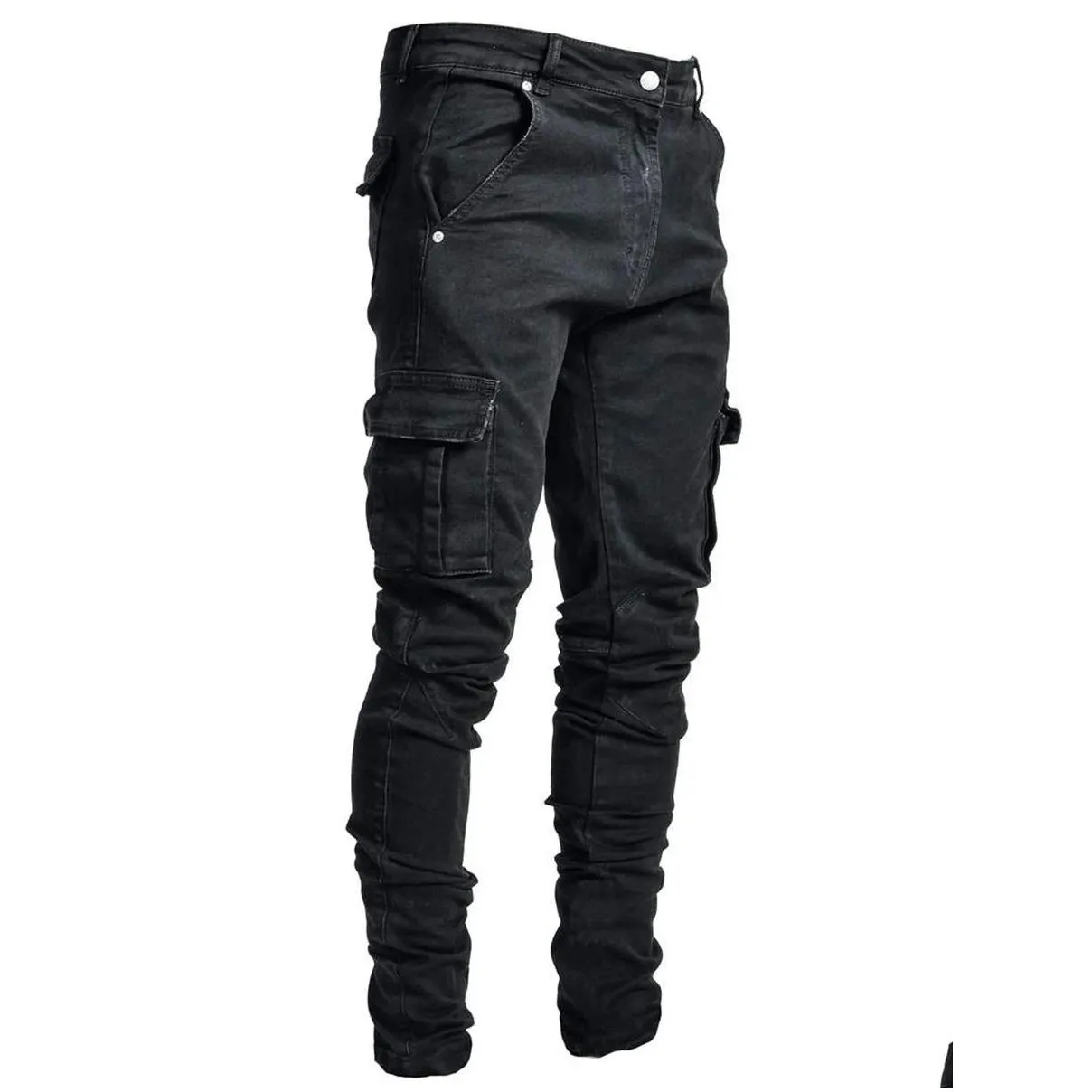 jeans male pants casual cotton denim trousers multi pocket cargo men fashion style pencil side pockets