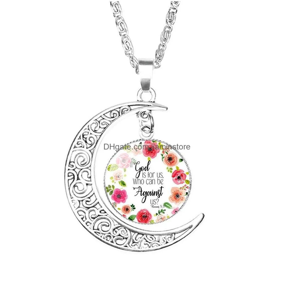 christian bible moon necklaces for women christians bible scripture glass time gem cabochon pendant chains 2019 fashion jewelry in