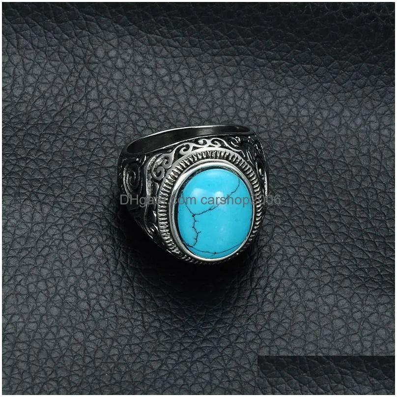 mens turquoise crack stone rings vintage retro stainless steel natural stone carved finger rings for boys fashion punk jewelry