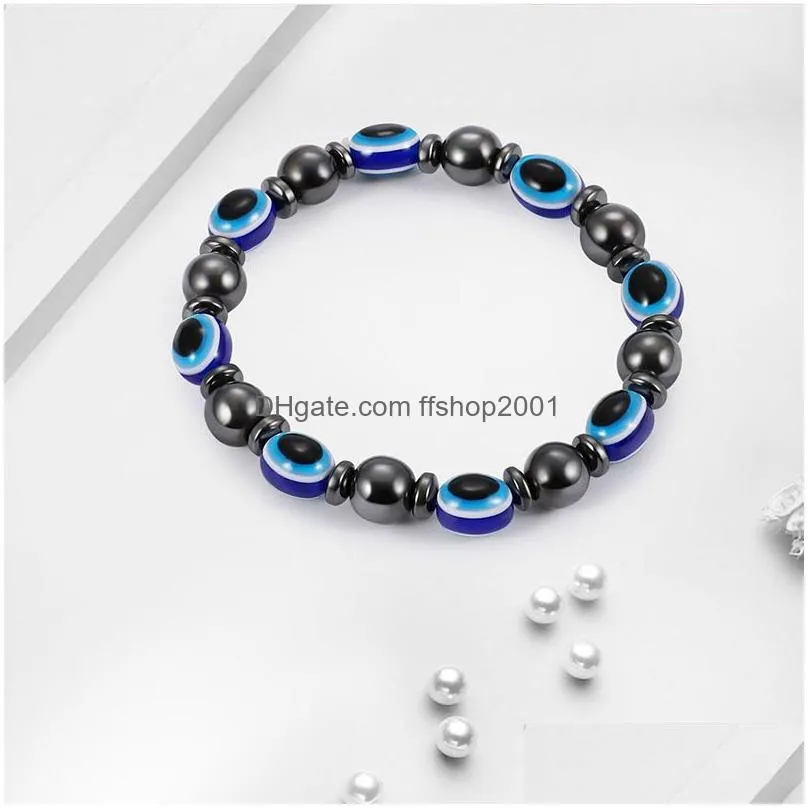 2018 energy magnetic hematite blue evil eye bracelet women power healthy black gallstone beaded chains bangle for men s fashion