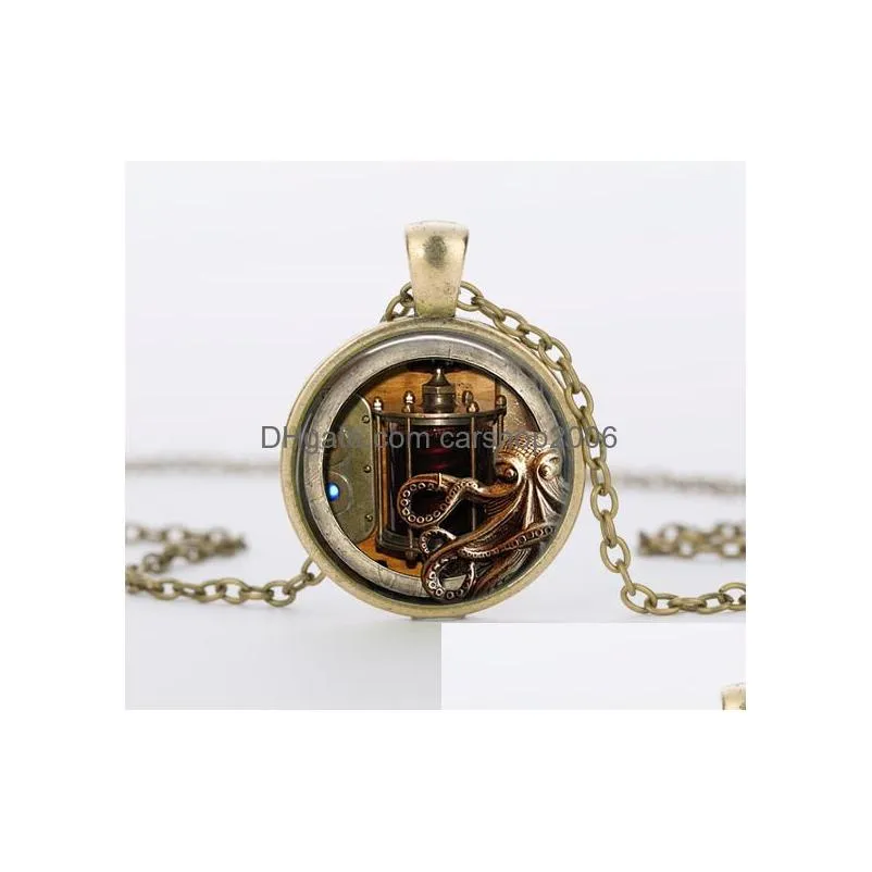  fashion punk bronze floating necklaces men gear dial vintage glass pendant necklace for women jewelry accessories