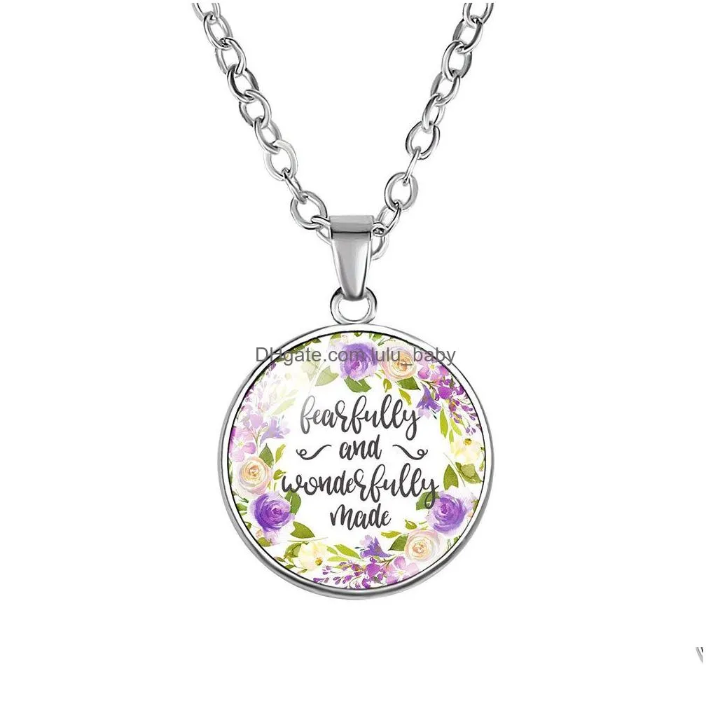  religion bible scripture necklace for women christians verses letter flower glass cabochon pendant chains faith jewelry gift