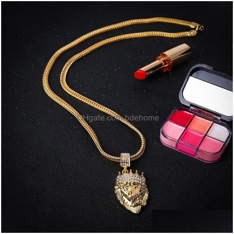 mens iced out  head necklace bling crystal animal pendant gold long chains for women hip hop jewelry