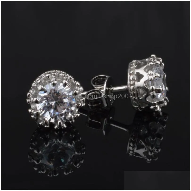 2017 korean cubic zirconia earrings silver cz crystal diamonds crown wedding ear stud for women ladies fashion jewelry small lots