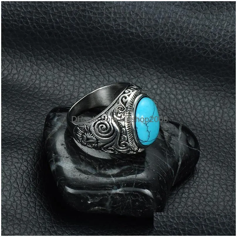 mens turquoise crack stone rings vintage retro stainless steel natural stone carved finger rings for boys fashion punk jewelry