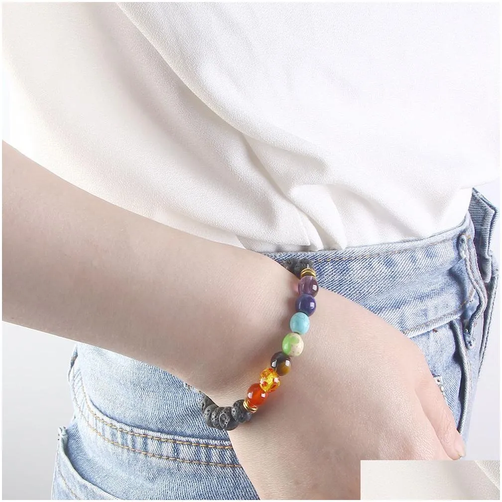 1 pcs fashion style 7 chakra healing beaded bracelet natural lava stone diffuser bracelet jewelry