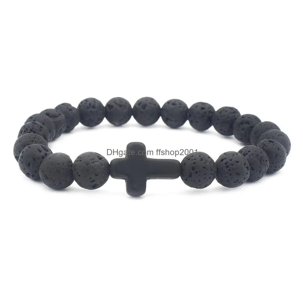 mens lava rock cross charm bracelet black natural volcanic healing energy stone yoga beads bangle for women fashion jewelry