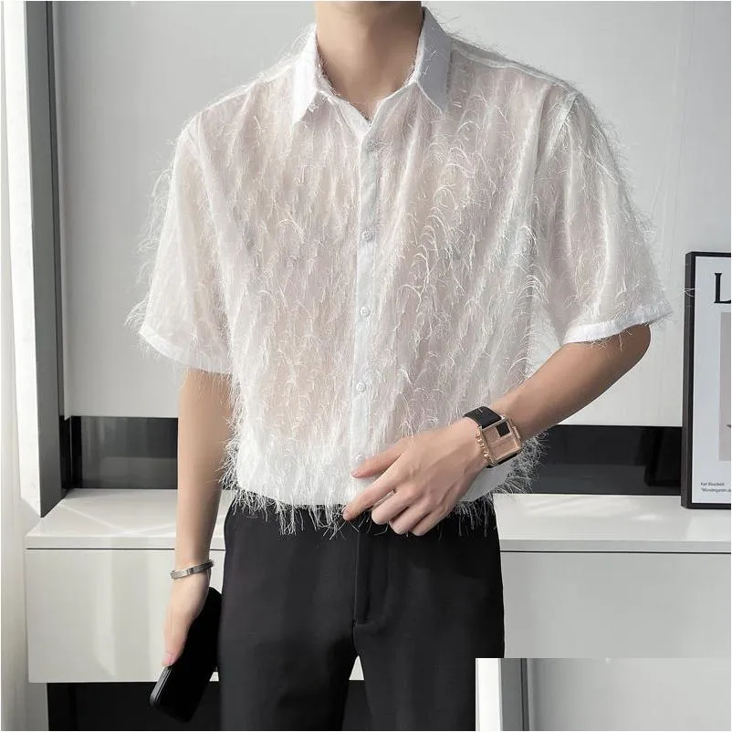 mens casual shirts man sexy mesh hollow shirt men see through short sleeve club dj dance stage guitar show costumes punk loose lgbt