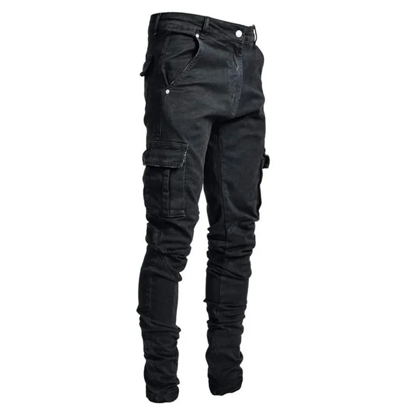 jeans male pants casual cotton denim trousers multi pocket cargo men fashion style pencil side pockets