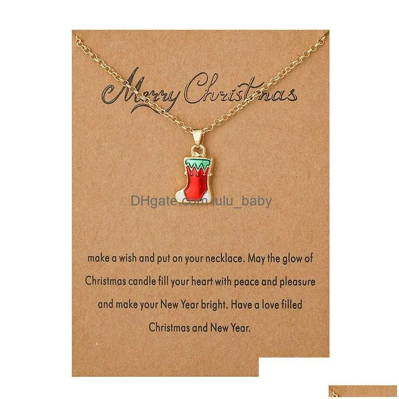 2020 merry christmas necklace with gift card santa claus tree sock snowman pendant gold chains for women girls party jewelry