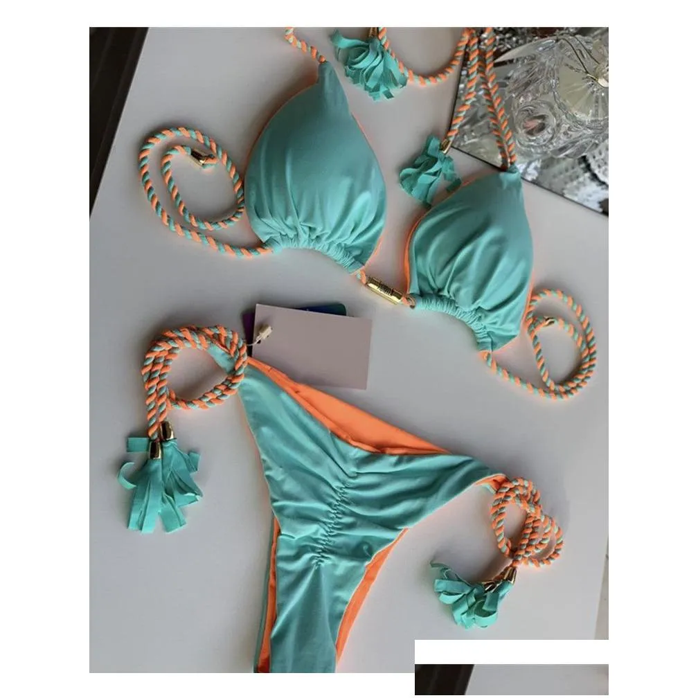 womens y swimwear braided rope bikini swimsuit swimming beachwear two-piece glossy fabric fashion hight waist swimsuits bikinis bath