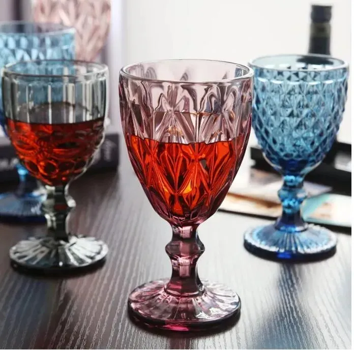 300ml Creative Red Wine Glasses European Style Vintage Embossed Stained Thicked Goblets For Birthday Beach Party