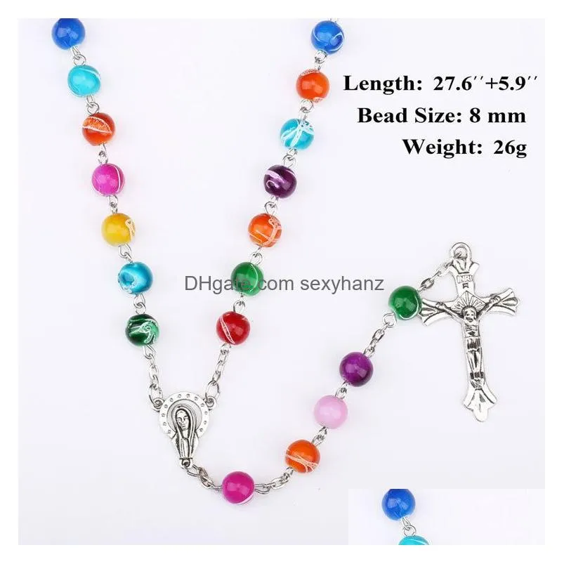  religious catholic rainbow rosary long necklaces jesus cross pendant 8mm bead chains for women men s fashion christian jewelry