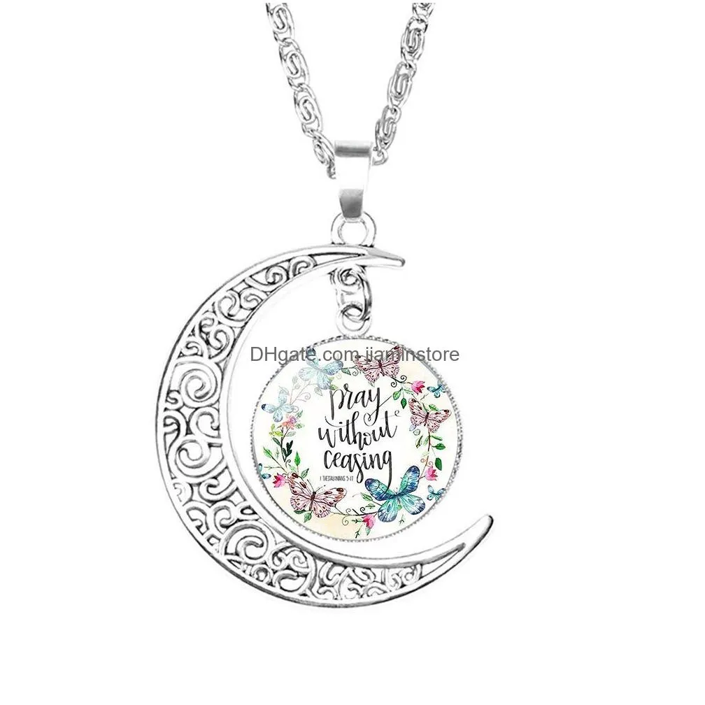 christian bible moon necklaces for women christians bible scripture glass time gem cabochon pendant chains 2019 fashion jewelry in