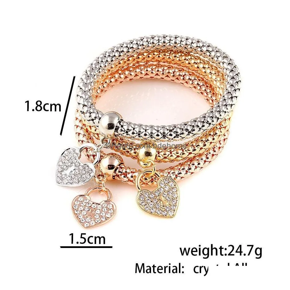 3colors/set crystal tree of life bracelets for women heart crown skull elephant key lock owl charm elastic bangle fashion jewelry gift