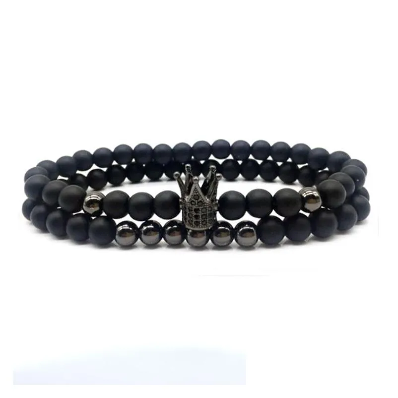 6mm crown king charm strands beads bracelet set for men women black natural stone beads elastic adjustable bangle couple jewelry gift