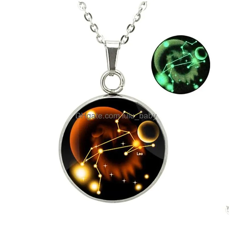 glow in the dark 12 zodiac sign necklaces for women men stainless steel horoscope glass cabochons pendant chains fashion luminous