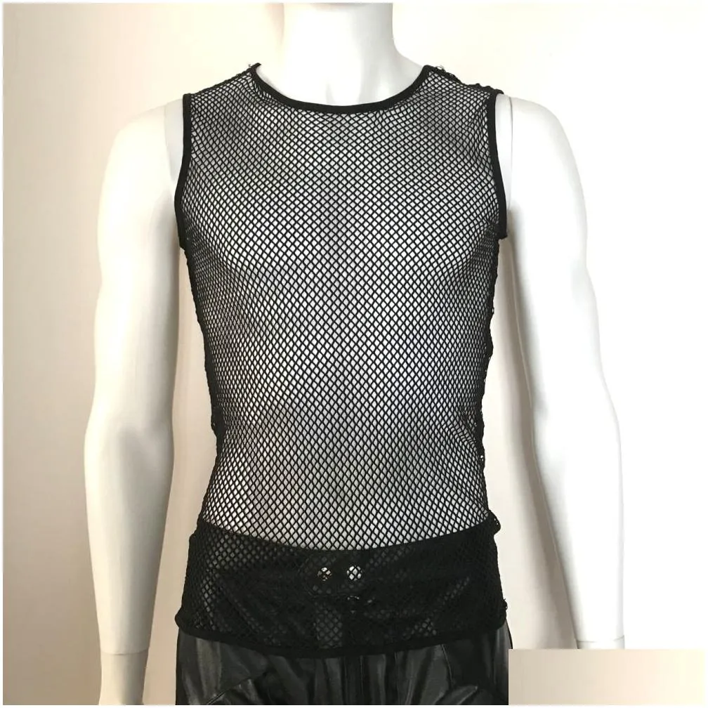 mens t-shirts m-2xl summer style fashion fish tulle net tanks men sexy lingerie fitness tops tees night club plus size sleeveless black