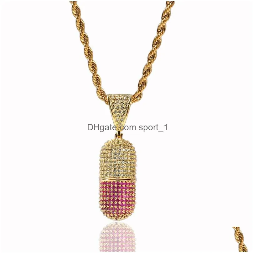 hip hop colorful iced out open pill shape pendant bling cz cubic zirconia necklace for women men hiphop jewelry