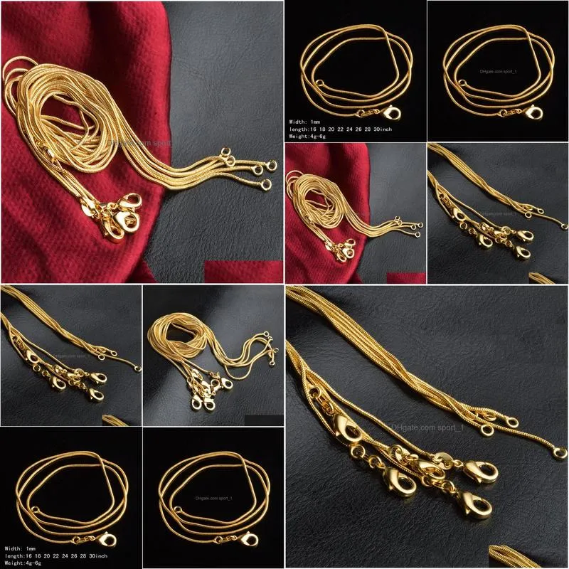 1mm 18k gold plated snake chains 16-30 inch golden smooth lobster clasp necklace for women ladies fashion jewelry in bulk 