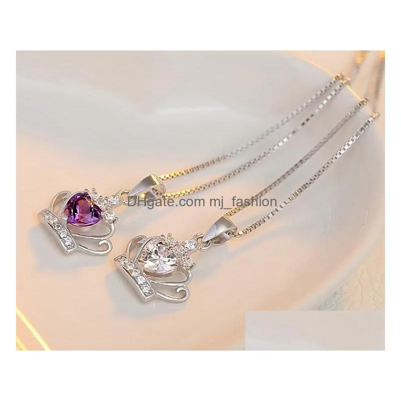 korean womens crown pendant necklaces queen princess purple white crystal diamond charm silver plated chain for ladies fashion